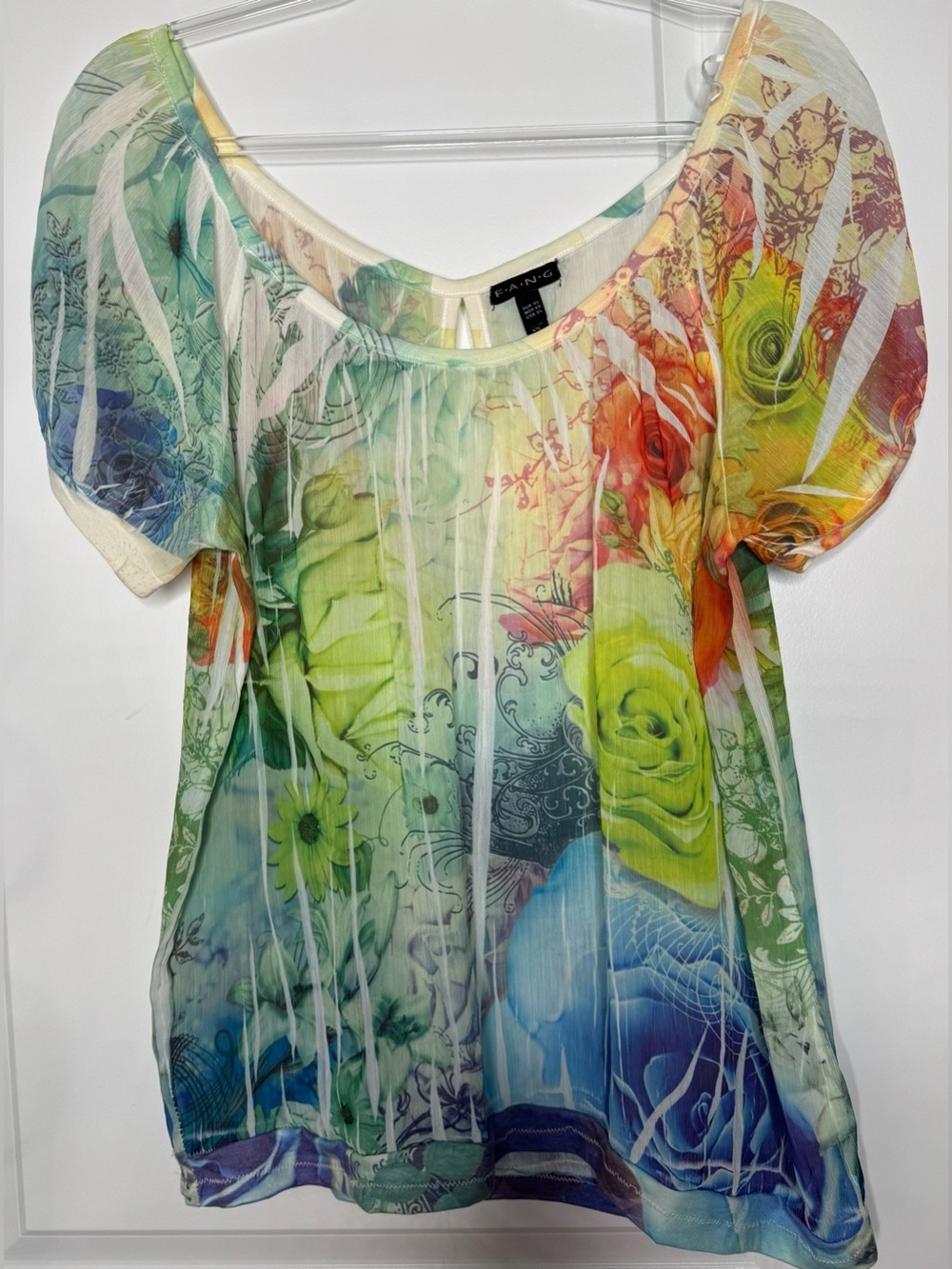 FANG Multi-Color Floral Scoop Neck Top vibrant summer stretch xl short slv sheer